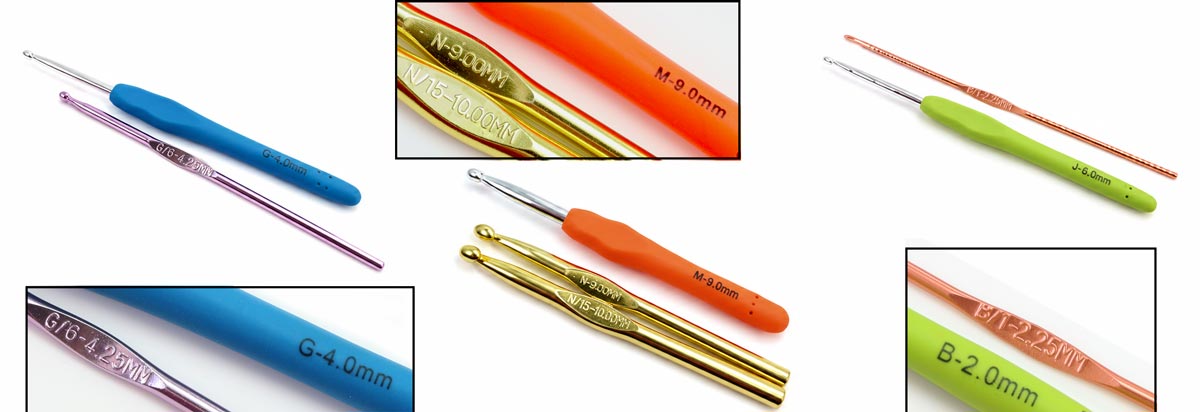 Comparison of crochet hooks showing that the same letter size can vary by manufacturer, with examples of G, M/N, and B hooks labeled with different millimeter sizes