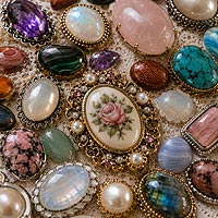 Close-up display of colorful cabochons in assorted shapes, sizes, and materials surrounding an ornate floral cabochon brooch, featuring gemstone, pearl, and decorative cabochons arranged on a lace background.