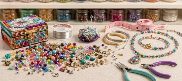 Bright bead crafting display featuring colorful loose beads, beading tools, thread, wire, a handcrafted beaded keepsake box, and matching jewelry.