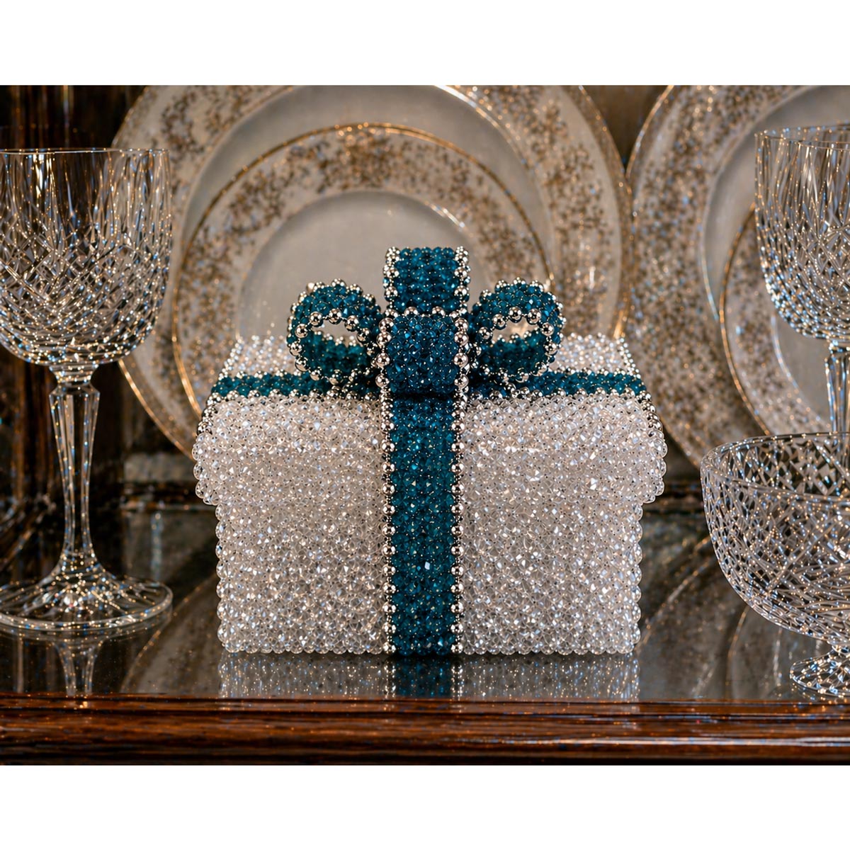 Crystal Beaded Box with Turquoise Bow to Display in a China Cabinet or Curio Cabinet