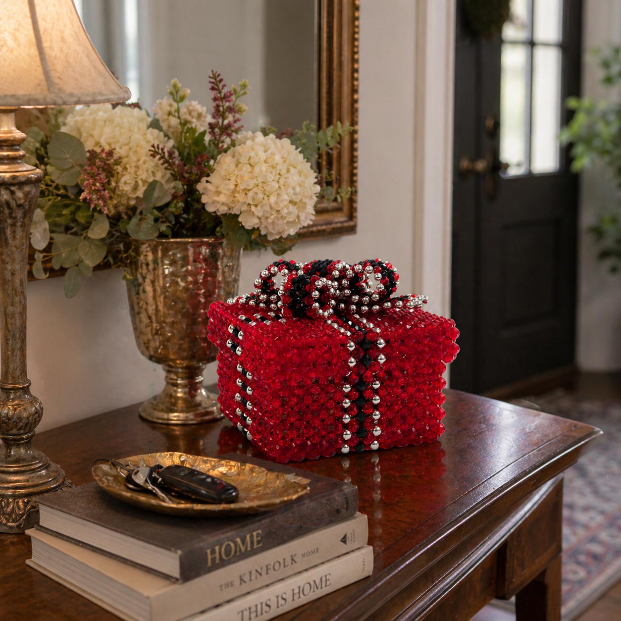 Red Beaded Box with Red & Black Bow for Display on an Entry Table