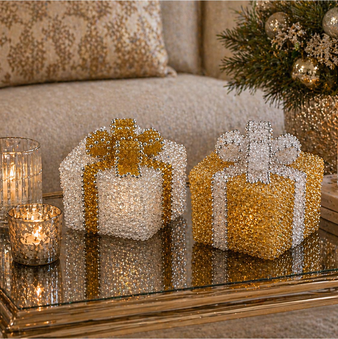 Pair of Beaded Boxes with Sungold and Crystal for Decorating in a Livingroom or as a Coffee Table Centerpiece