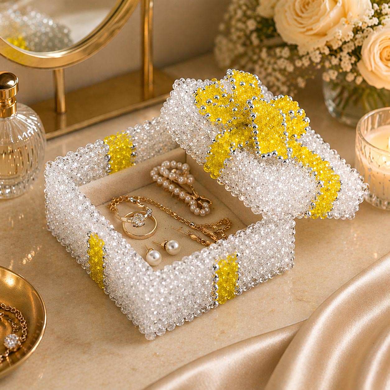 Crystal Beaded Box with Yellow Beaded Bow to Use as a Jewelry Box or Trinket Box