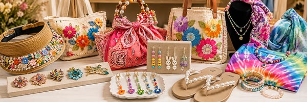 Boutique display of handmade wearable crafts including a decorated visor, beaded bunny earrings, colorful brooches, bandana purse, embellished tote bags, beaded dangle clips, pearl flip-flops, tie-dye shirt, scarves, and handmade jewelry.