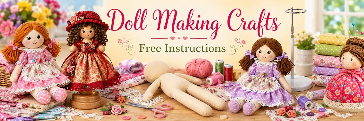 Colorful Doll Making Crafts banner featuring handmade doll pin dolls, soft rag dolls, an unfinished cloth doll body, a doll display stand, fabric, thread, lace, scissors, pincushion, and sewing supplies arranged on a craft table.