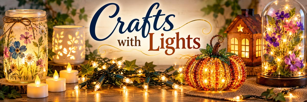 Lighted craft ideas and free patterns using string lights, LED lights, battery operated tealights, night lights and other small craft lights.